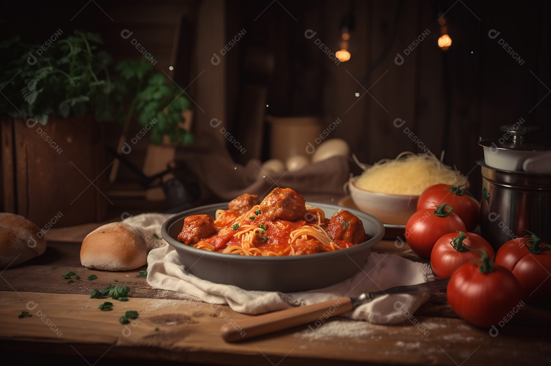 Macarrão espaguete com almôndegas em molho de tomate caseiro na mesa de madeira