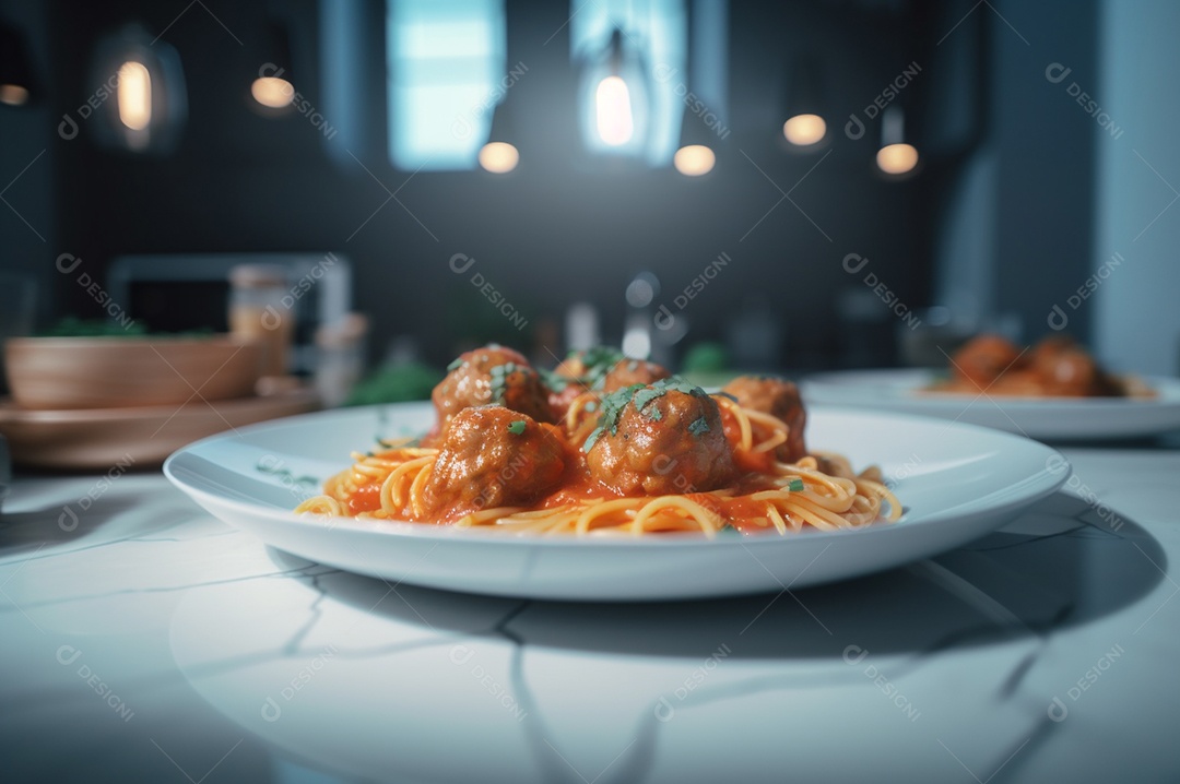Macarrão espaguete com almôndegas em molho de tomate caseiro na mesa de madeira