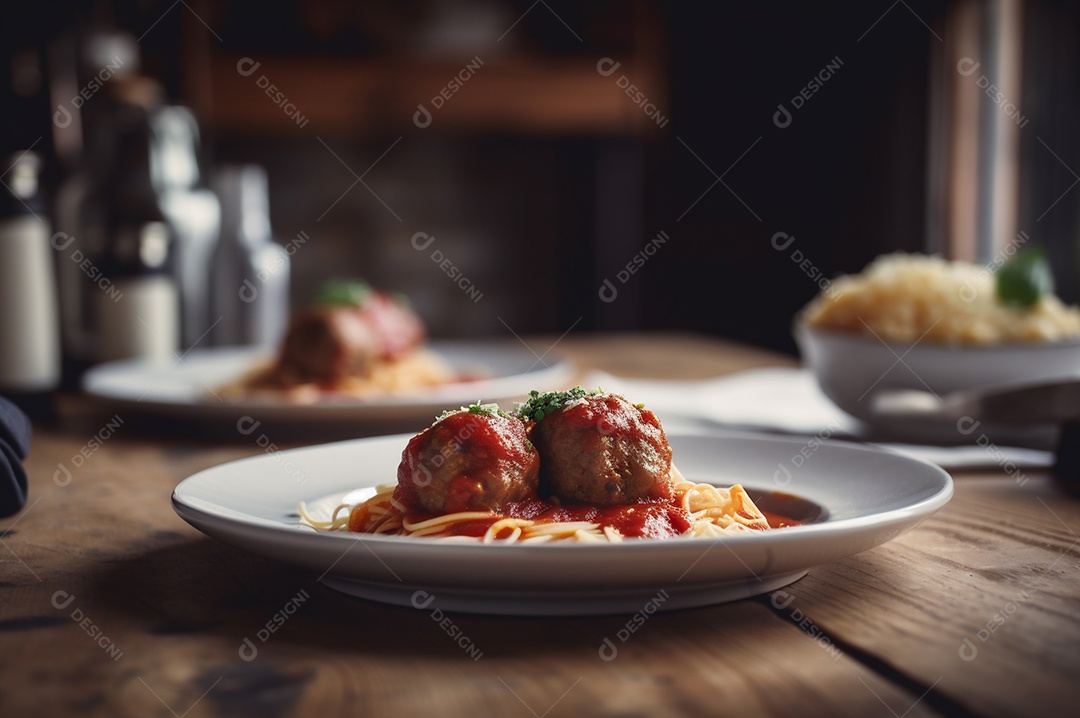Macarrão espaguete com almôndegas em molho de tomate caseiro na mesa de madeira