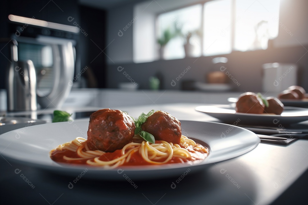 Macarrão espaguete com almôndegas em molho de tomate caseiro na mesa de madeira