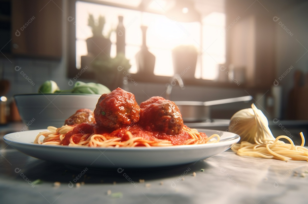 Macarrão espaguete com almôndegas em molho de tomate caseiro na mesa de madeira