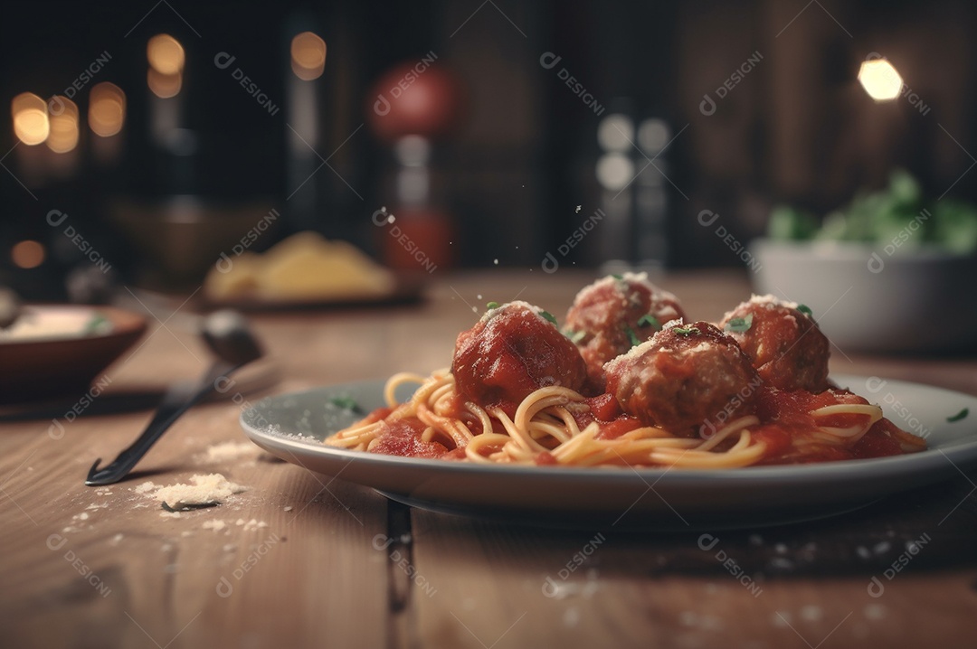 Macarrão espaguete com almôndegas em molho de tomate caseiro na mesa de madeira