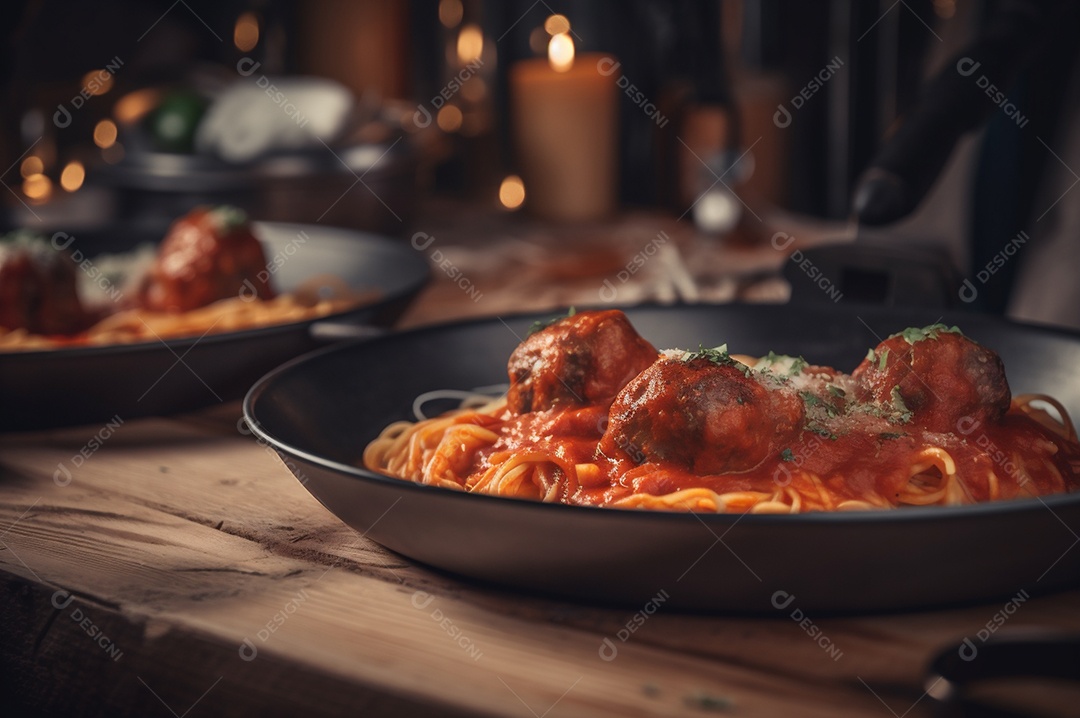 Macarrão espaguete com almôndegas em molho de tomate caseiro na mesa de madeira