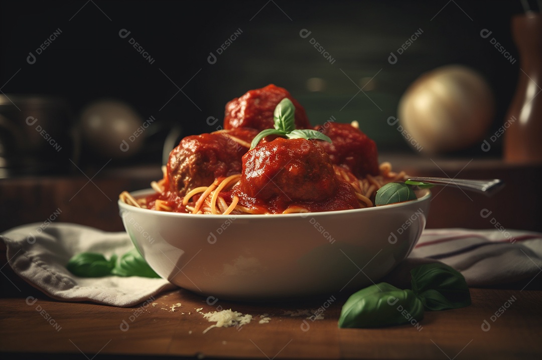 Macarrão espaguete com almôndegas em molho de tomate caseiro na mesa de madeira