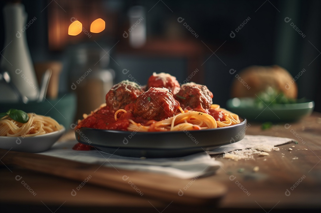 Macarrão espaguete com almôndegas em molho de tomate caseiro na mesa de madeira
