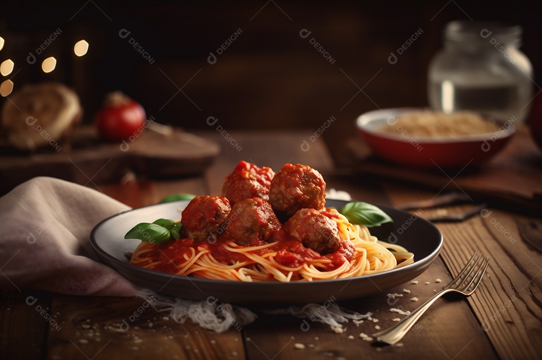 Macarrão espaguete com almôndegas em molho de tomate caseiro na mesa de madeira
