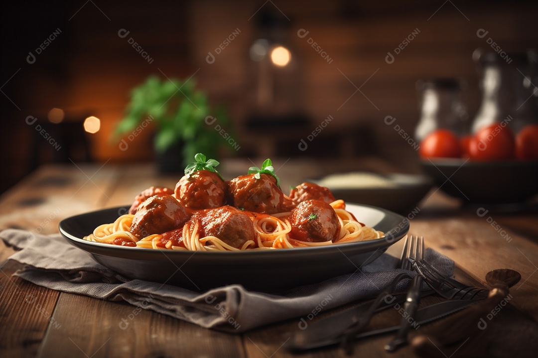Macarrão espaguete com almôndegas em molho de tomate caseiro na mesa de madeira