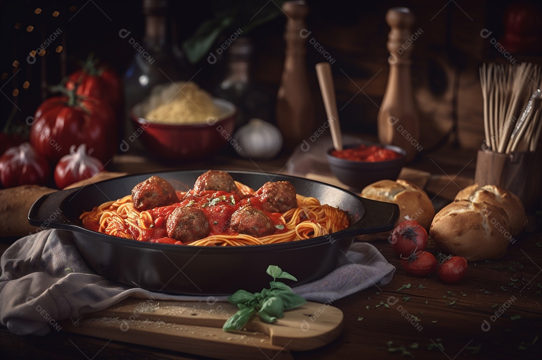 Macarrão espaguete com almôndegas em molho de tomate caseiro na mesa de madeira