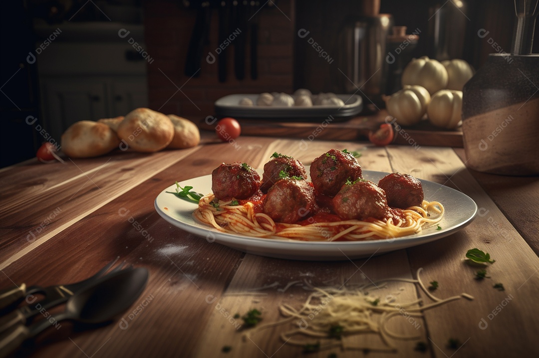 Macarrão espaguete com almôndegas em molho de tomate caseiro na mesa de madeira