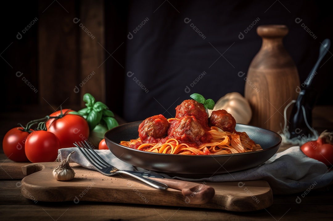 Macarrão espaguete com almôndegas em molho de tomate caseiro na mesa de madeira