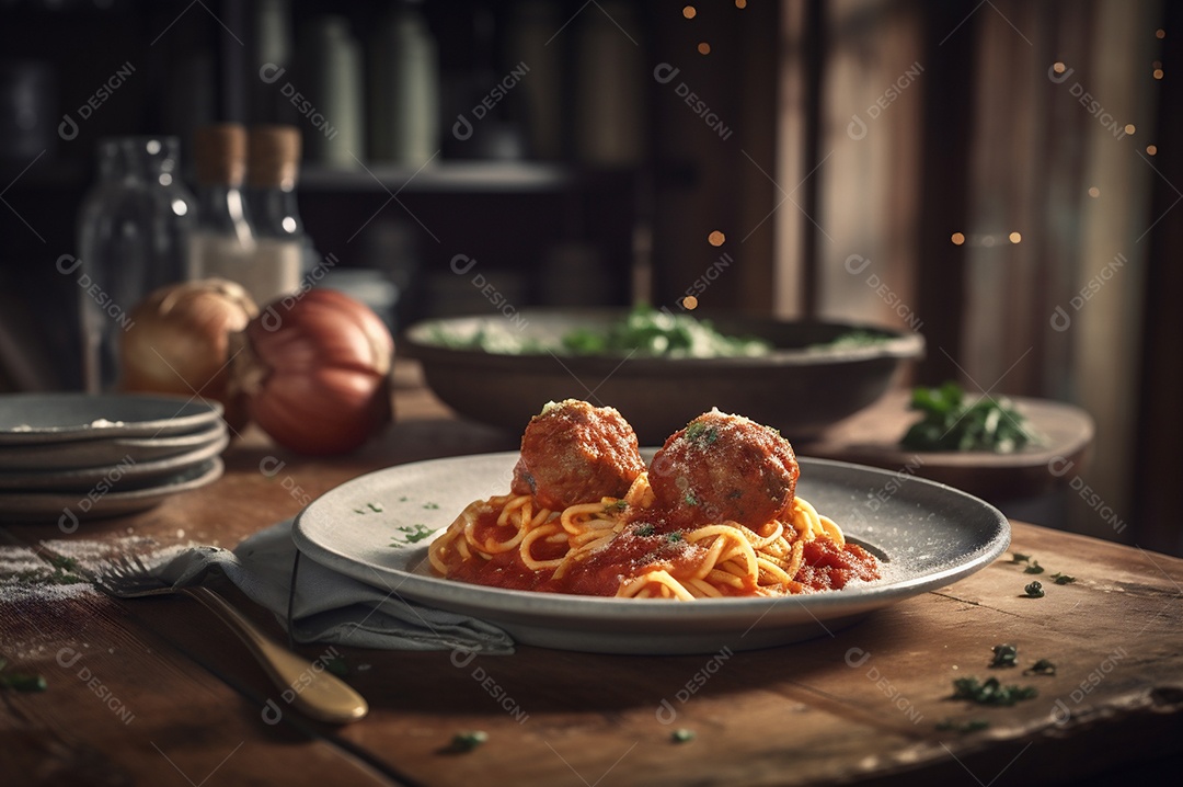 Macarrão espaguete com almôndegas em molho de tomate caseiro na mesa de madeira