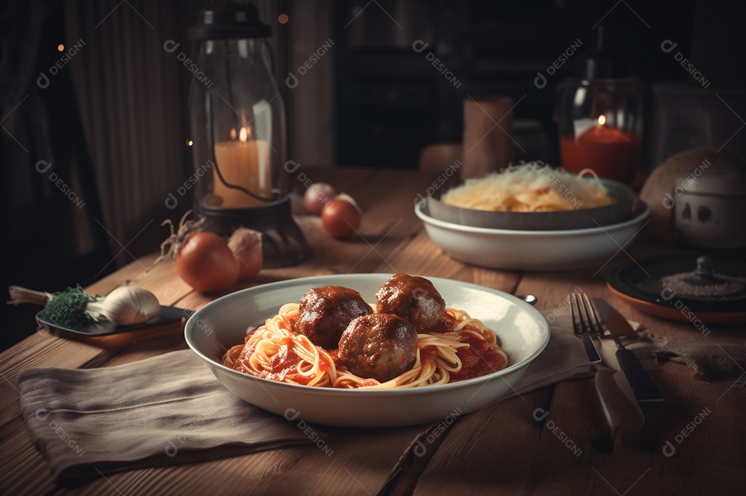 Macarrão espaguete com almôndegas em molho de tomate caseiro na mesa de madeira