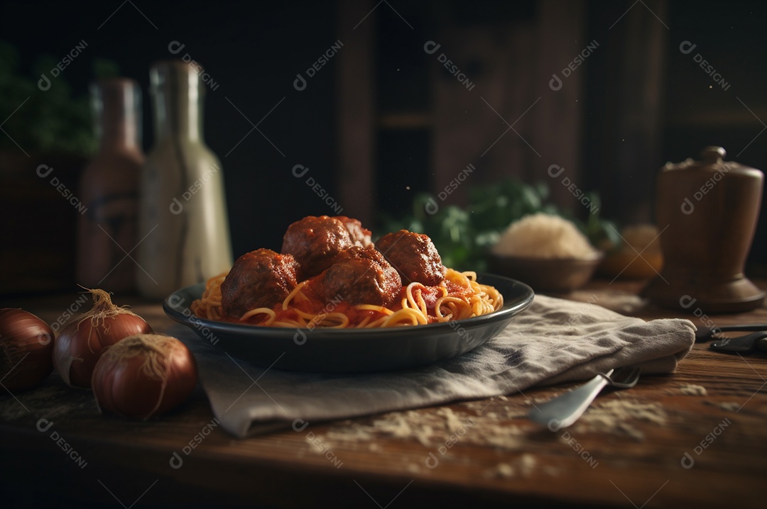 Macarrão espaguete com almôndegas em molho de tomate caseiro na mesa de madeira