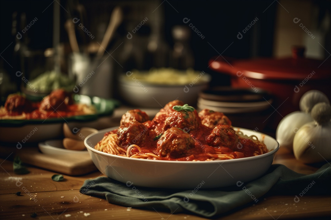 Macarrão espaguete com almôndegas em molho de tomate caseiro na mesa de madeira