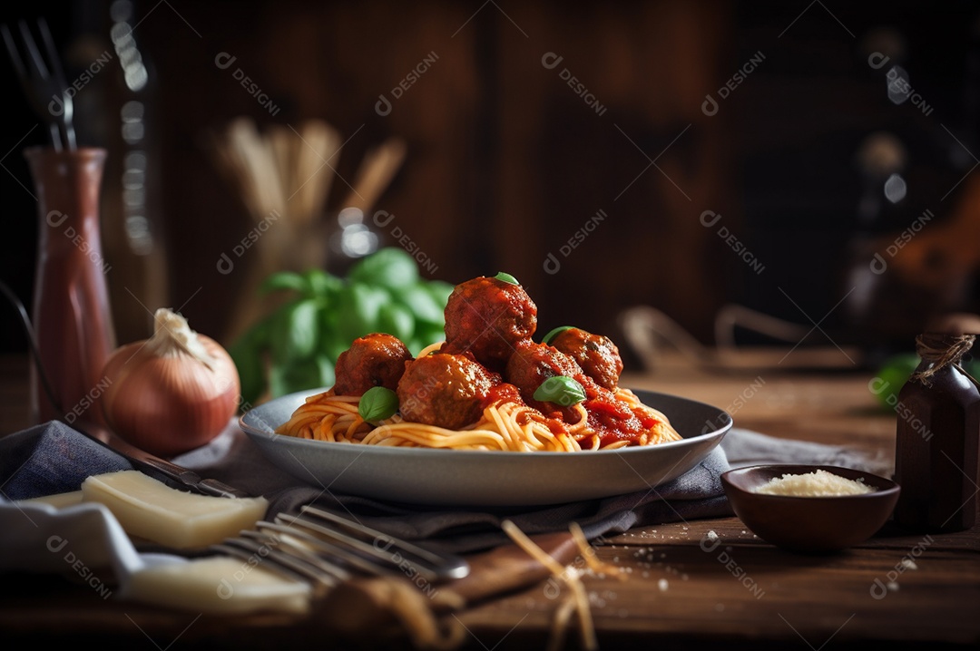 Macarrão espaguete com almôndegas em molho de tomate caseiro na mesa de madeira
