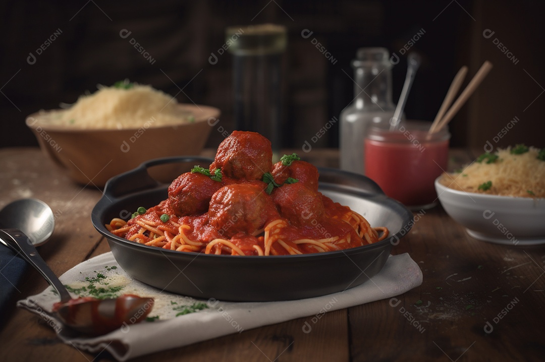 Macarrão espaguete com almôndegas em molho de tomate caseiro na mesa de madeira