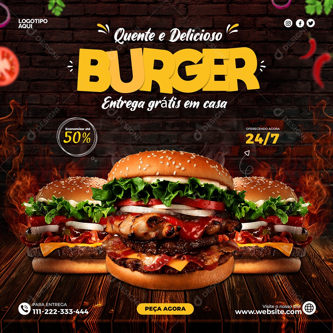 Quente e Delicioso Burger Entrega Grátis em Casa Social Media PSD Editável