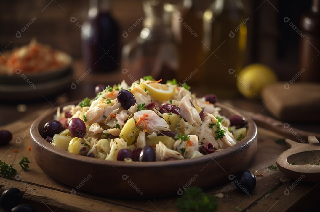 Salada de bacalhau com batatas e azeitonas no prato na mesa de madeira rústica