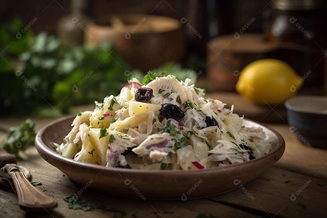 Salada de bacalhau com batatas e azeitonas no prato na mesa de madeira rústica