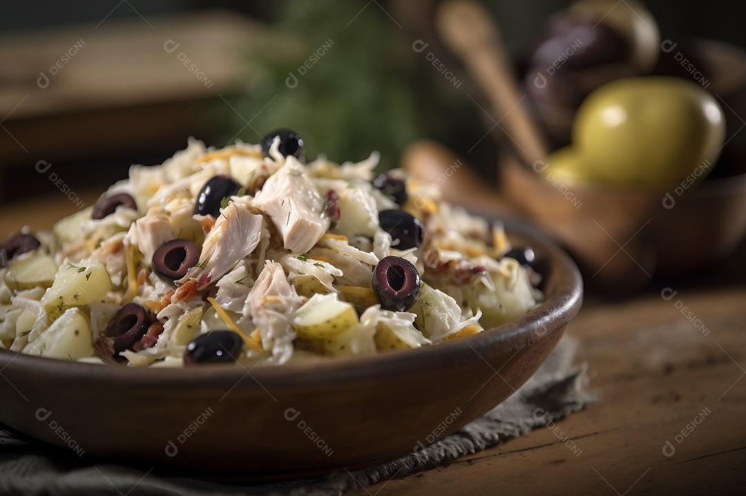 Salada de bacalhau com batatas e azeitonas no prato na mesa de madeira rústica