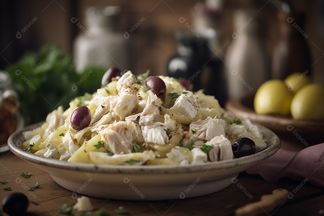 Salada de bacalhau com batatas e azeitonas no prato na mesa de madeira rústica