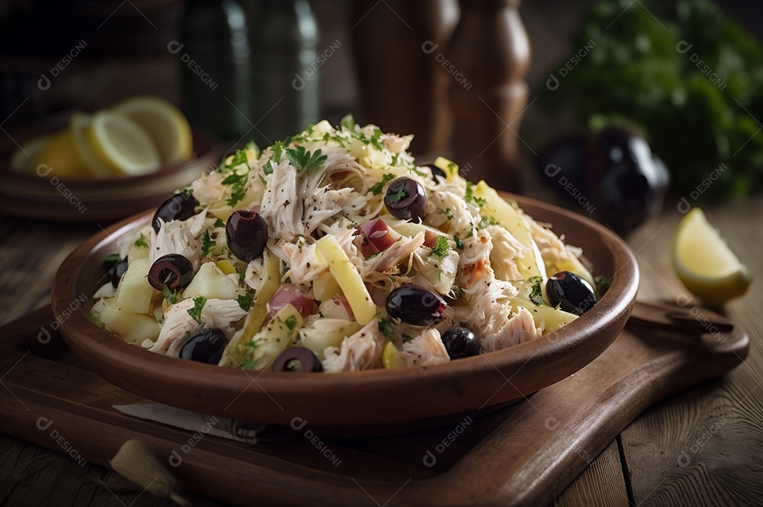 Salada de bacalhau com batatas e azeitonas no prato na mesa de madeira rústica