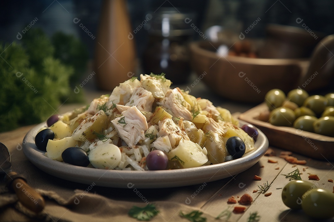 Salada de bacalhau com batatas e azeitonas no prato na mesa de madeira rústica