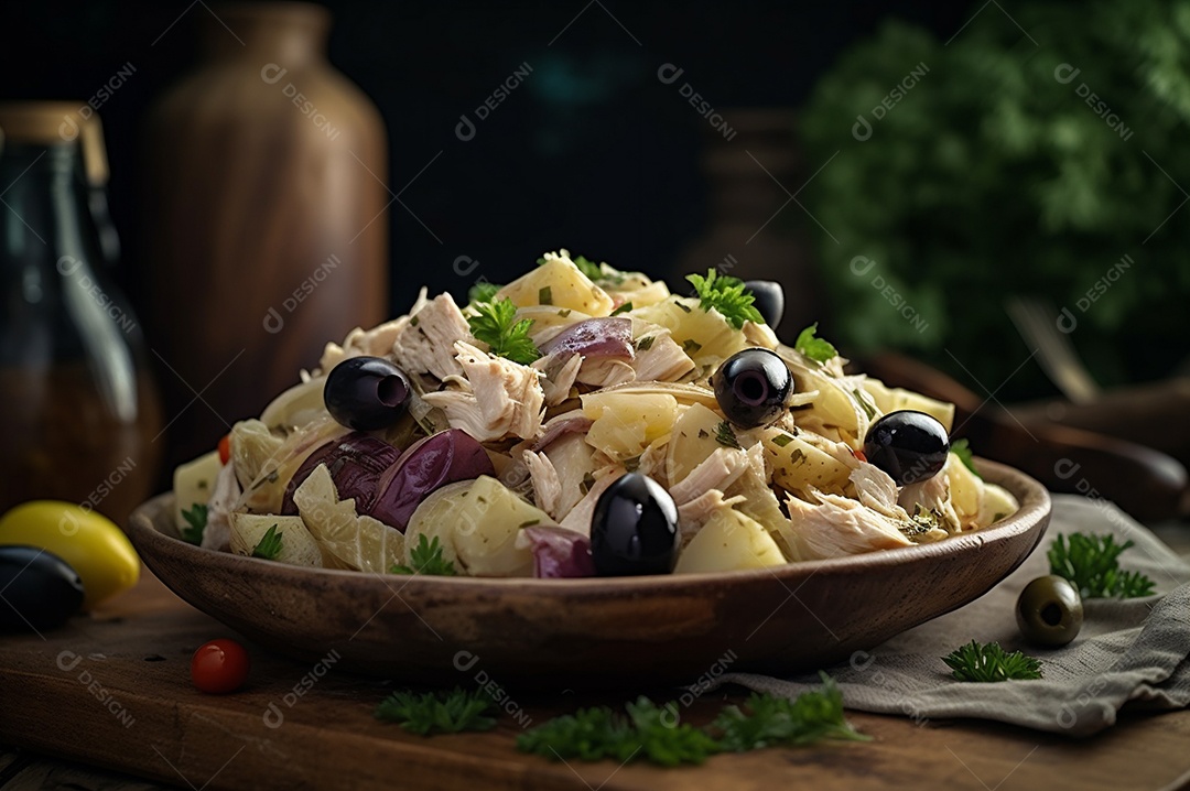 Salada de bacalhau com batatas e azeitonas no prato na mesa de madeira rústica