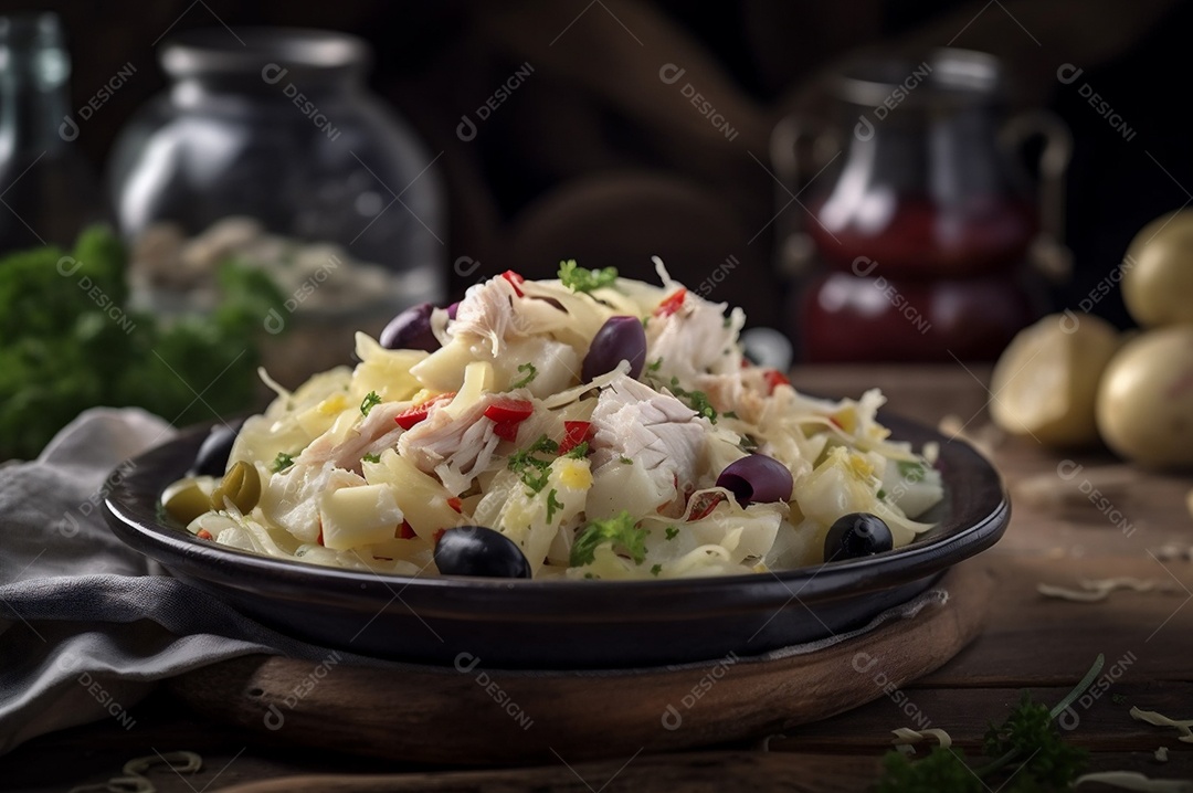 Salada de bacalhau com batatas e azeitonas no prato na mesa de madeira rústica