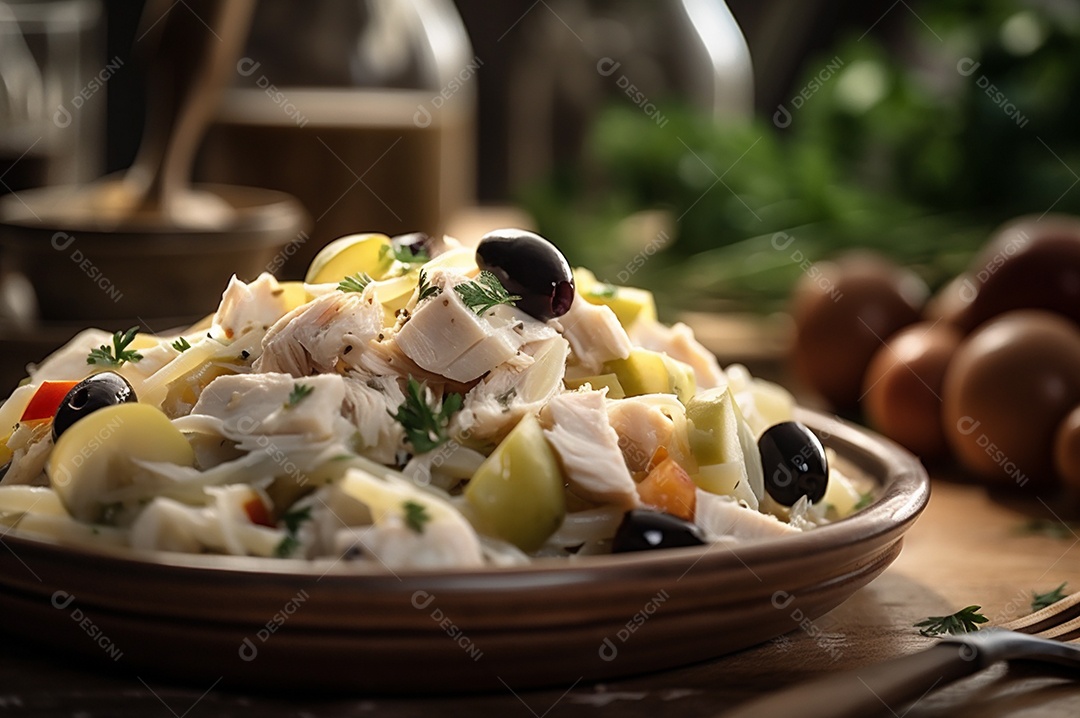 Salada de bacalhau com batatas e azeitonas no prato na mesa de madeira rústica