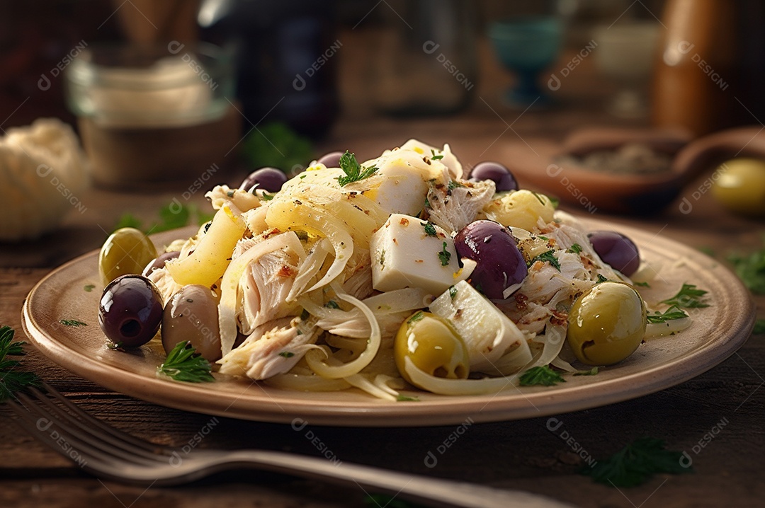 Salada de bacalhau com batatas e azeitonas no prato na mesa de madeira rústica