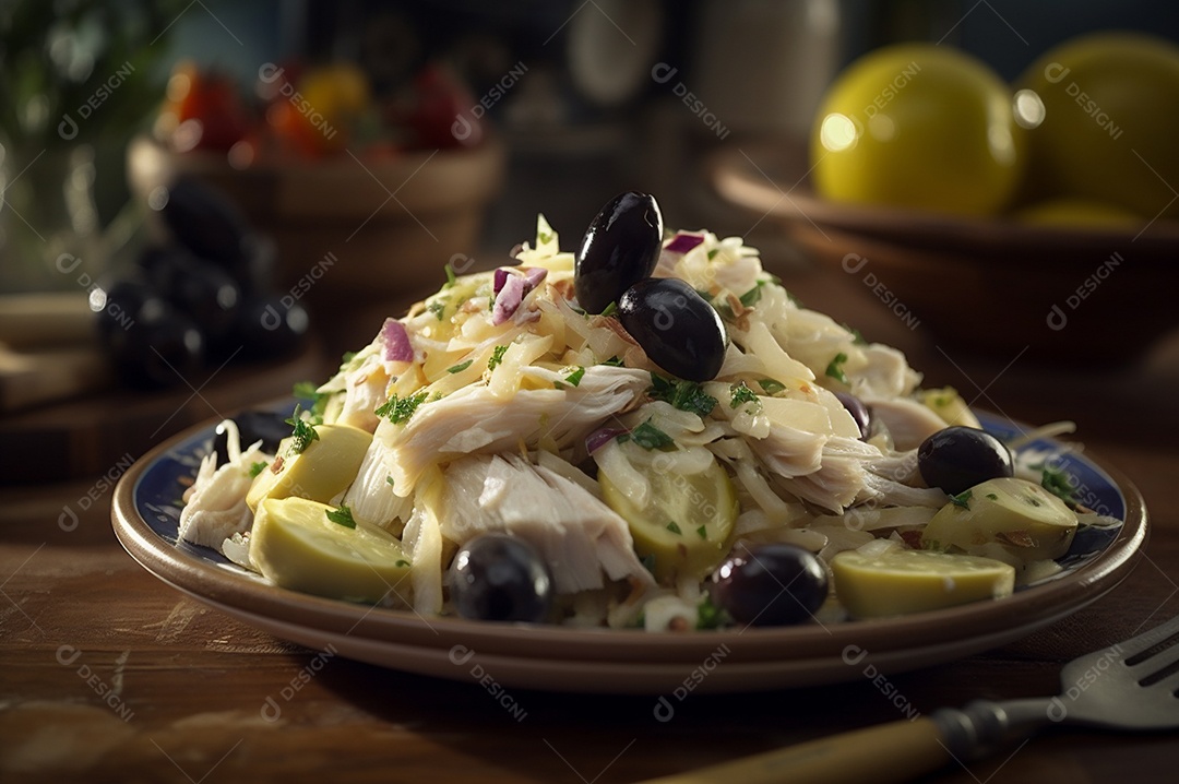 Salada de bacalhau com batatas e azeitonas no prato na mesa de madeira rústica