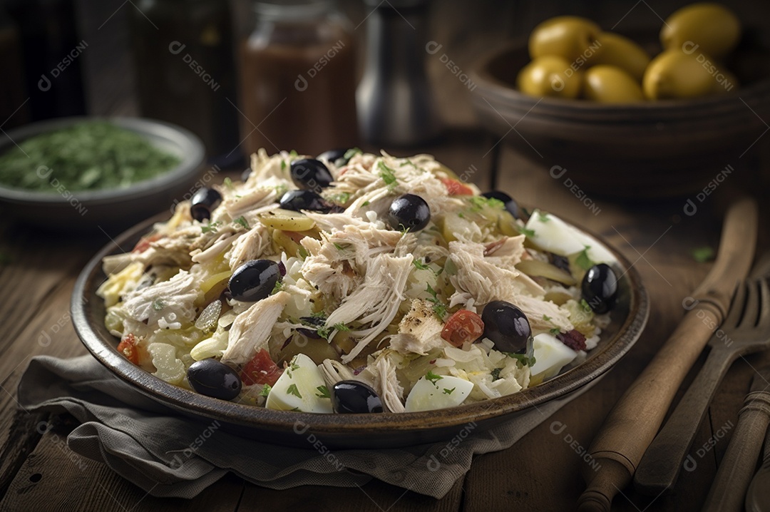 Salada de bacalhau com batatas e azeitonas no prato na mesa de madeira rústica