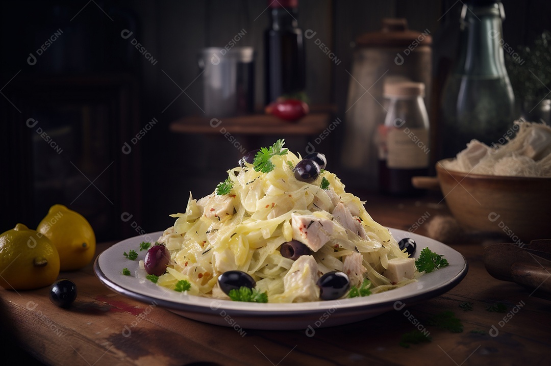 Salada de bacalhau com batatas e azeitonas no prato na mesa de madeira rústica