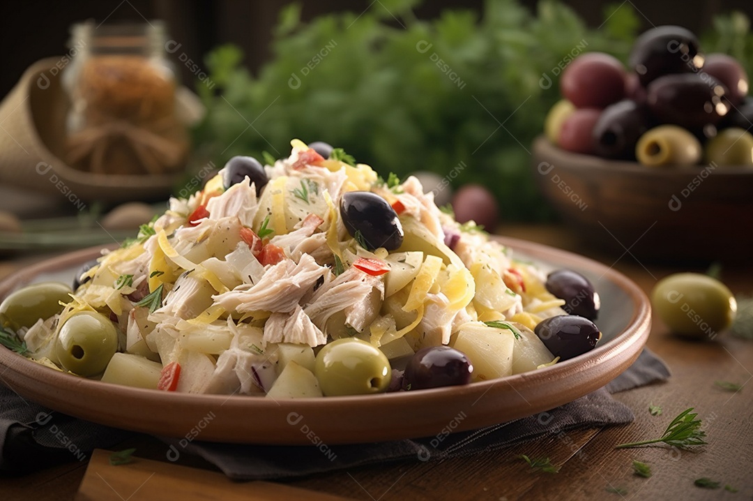 Salada de bacalhau com batatas e azeitonas no prato na mesa de madeira rústica