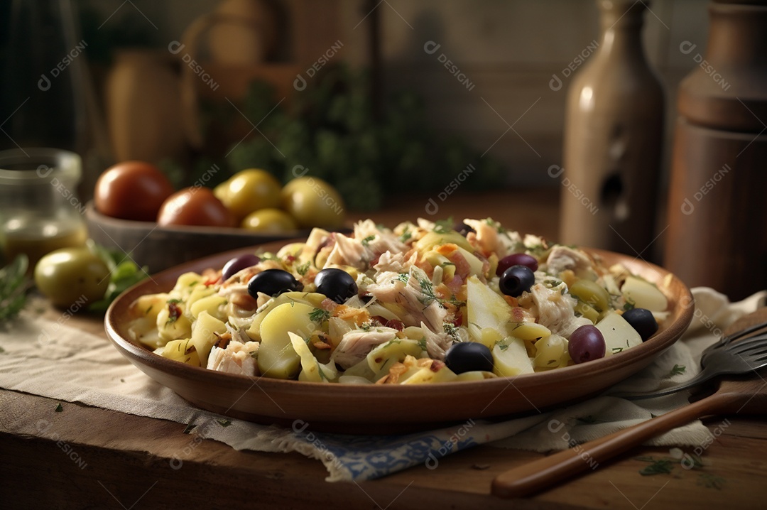 Salada de bacalhau com batatas e azeitonas no prato na mesa de madeira rústica