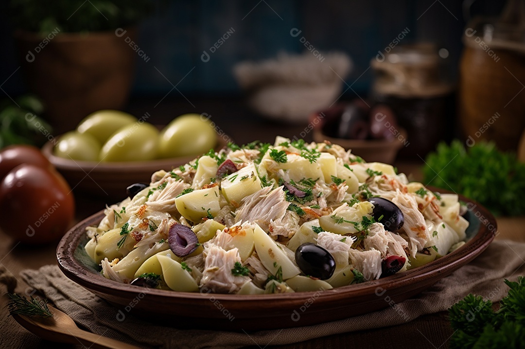 Salada de bacalhau com batatas e azeitonas no prato na mesa de madeira rústica