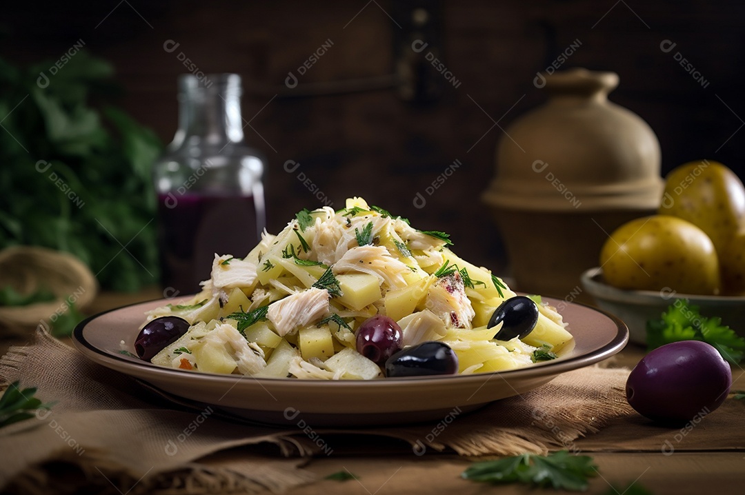 Salada de bacalhau com batatas e azeitonas no prato na mesa de madeira rústica