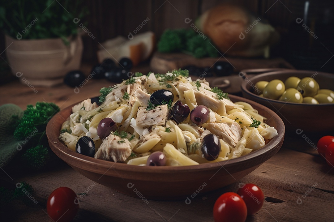 Salada de bacalhau com batatas e azeitonas no prato na mesa de madeira rústica