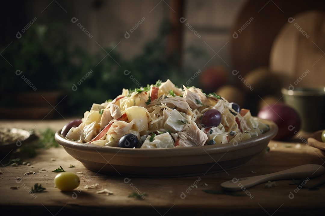 Salada de bacalhau com batatas e azeitonas no prato na mesa de madeira rústica