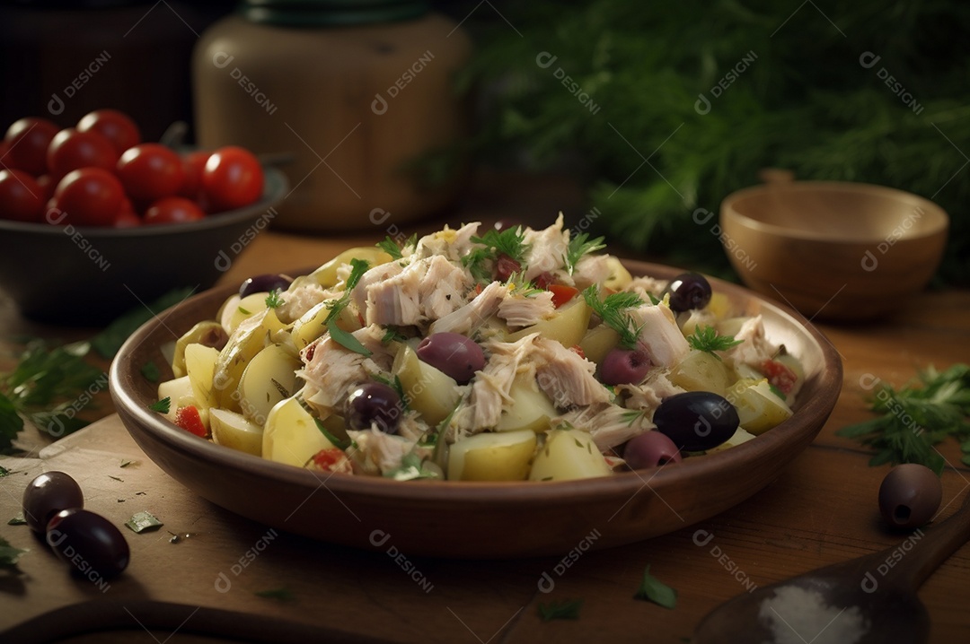 Salada de bacalhau com batatas e azeitonas no prato na mesa de madeira rústica