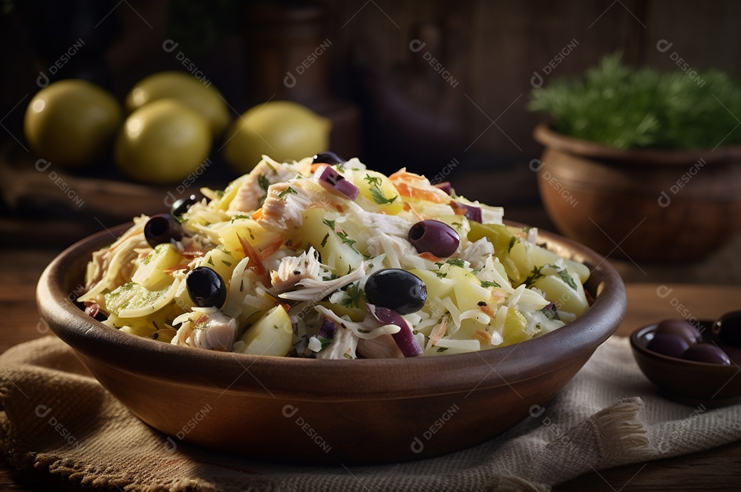 Salada de bacalhau com batatas e azeitonas no prato na mesa de madeira rústica