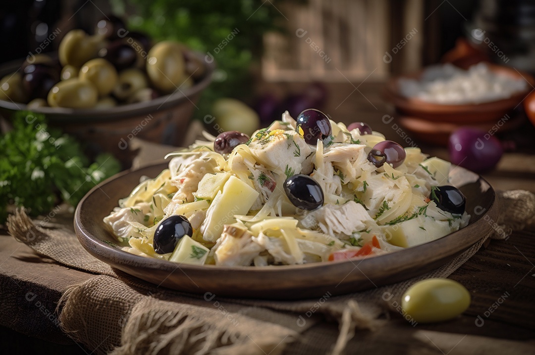 Salada de bacalhau com batatas e azeitonas no prato na mesa de madeira rústica