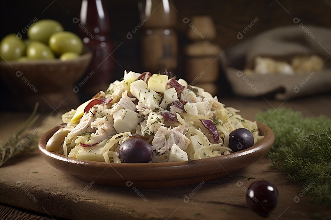 Salada de bacalhau com batatas e azeitonas no prato na mesa de madeira rústica