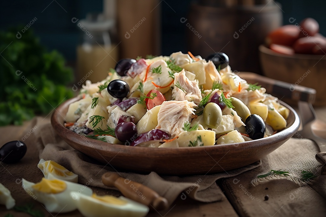 Salada de bacalhau com batatas e azeitonas no prato na mesa de madeira rústica