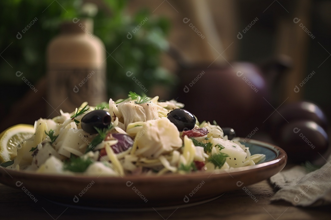 Salada de bacalhau com batatas e azeitonas no prato na mesa de madeira rústica