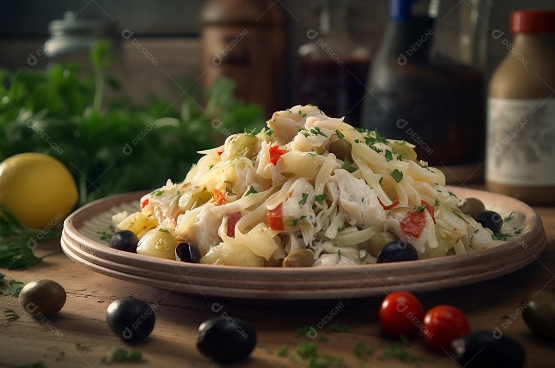 Salada de bacalhau com batatas e azeitonas no prato na mesa de madeira rústica