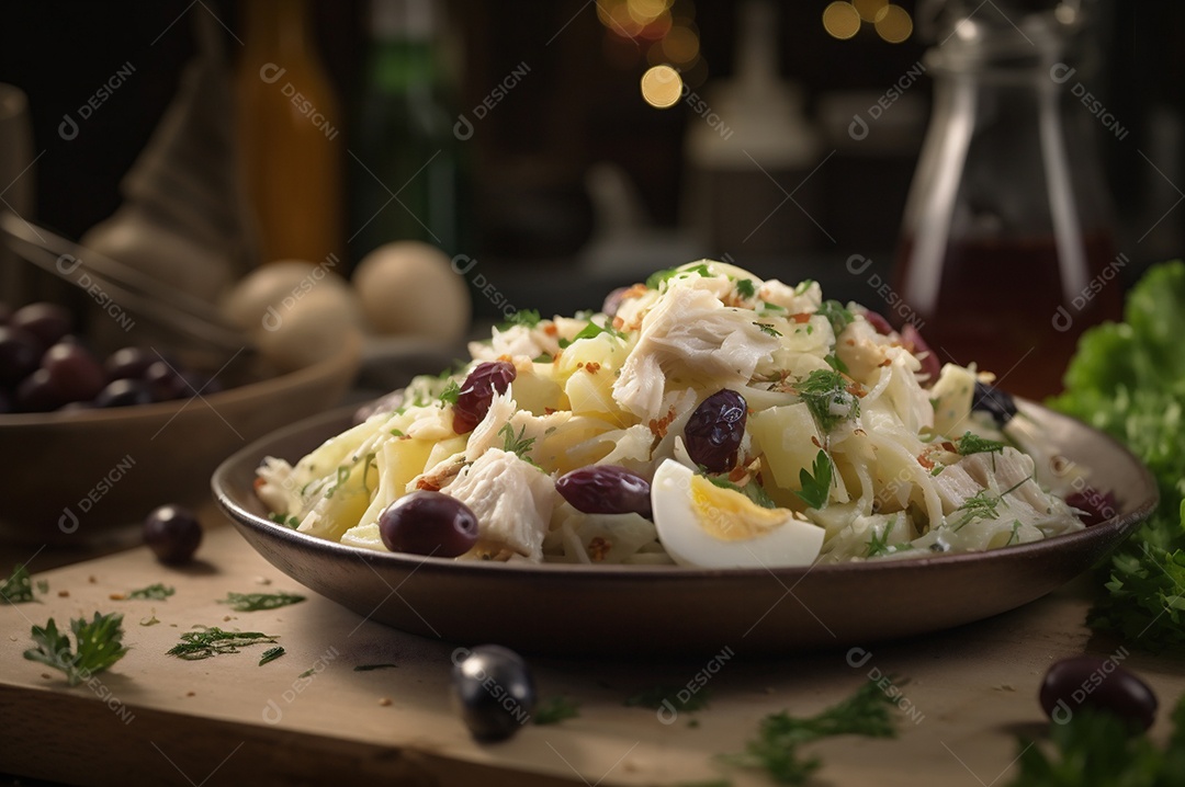 Salada de bacalhau com batatas e azeitonas no prato na mesa de madeira rústica