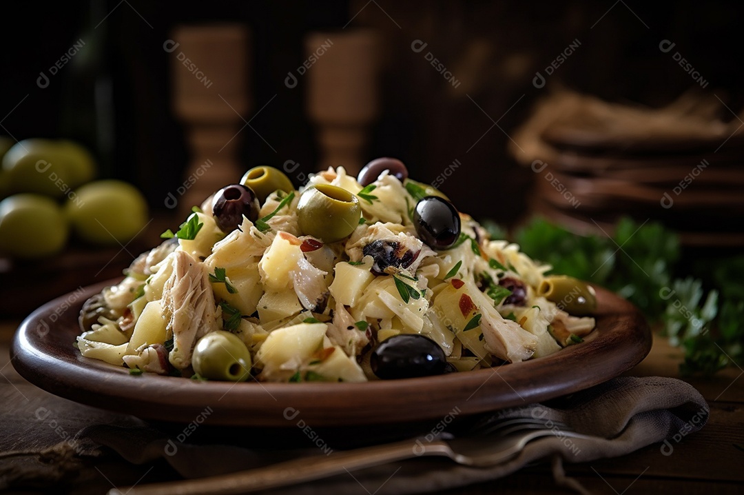 Salada de bacalhau com batatas e azeitonas no prato na mesa de madeira rústica