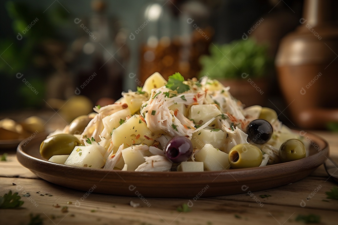 Salada de bacalhau com batatas e azeitonas no prato na mesa de madeira rústica